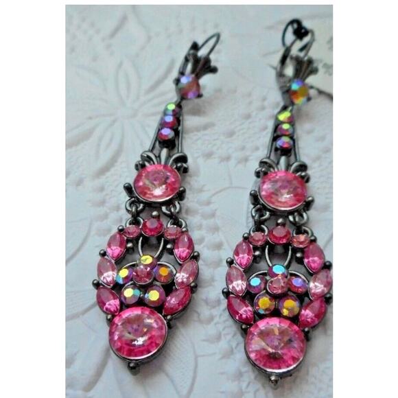 Express black chandelier teardrop earrings Pink Aurora Borealis Crystal - Picture 2 of 6